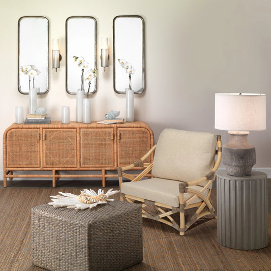 Dune Lounge Chair by Jamie Young in natural. Made from rattan, natural muslin fabric in a coastal style.