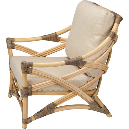 Dune Lounge Chair by Jamie Young in natural. Made from rattan, natural muslin fabric in a coastal style.