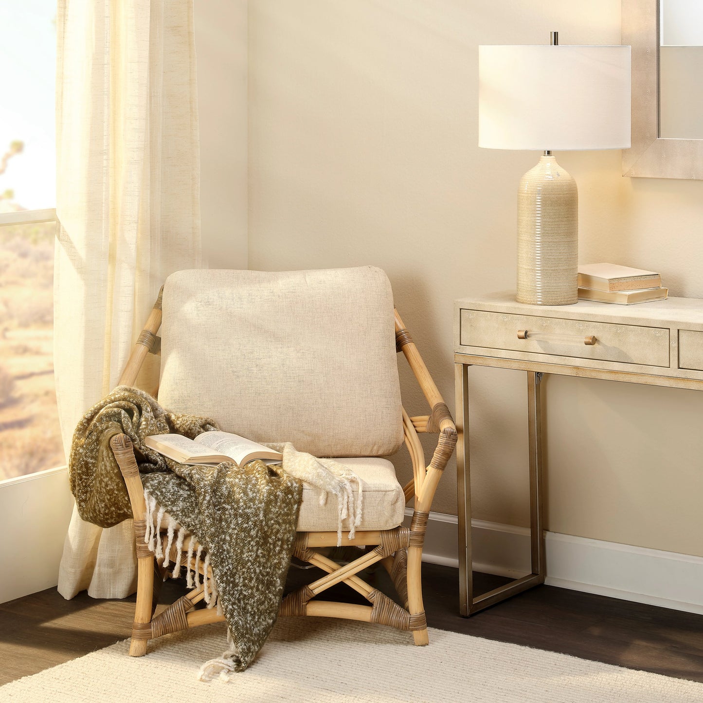 007 SI-1822183 | Lifestyle | Dune Lounge Chair by Jamie Young in natural. Made from rattan, natural muslin fabric in a coastal style.