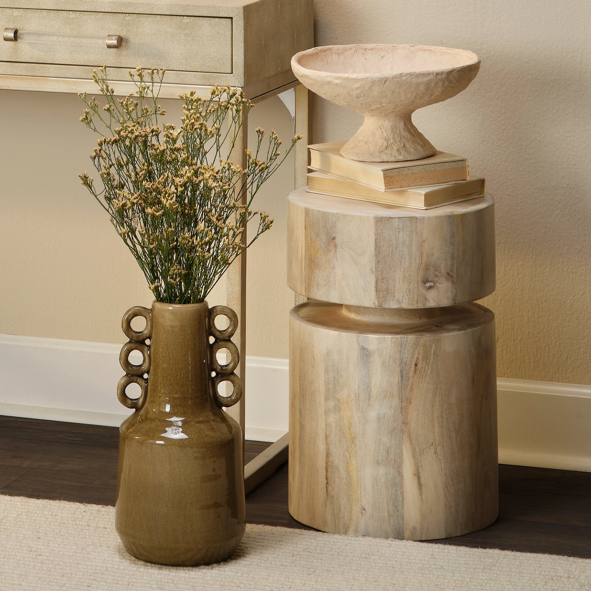 Dylan Round Side Table by Jamie Young. Made from wood in a modern style.