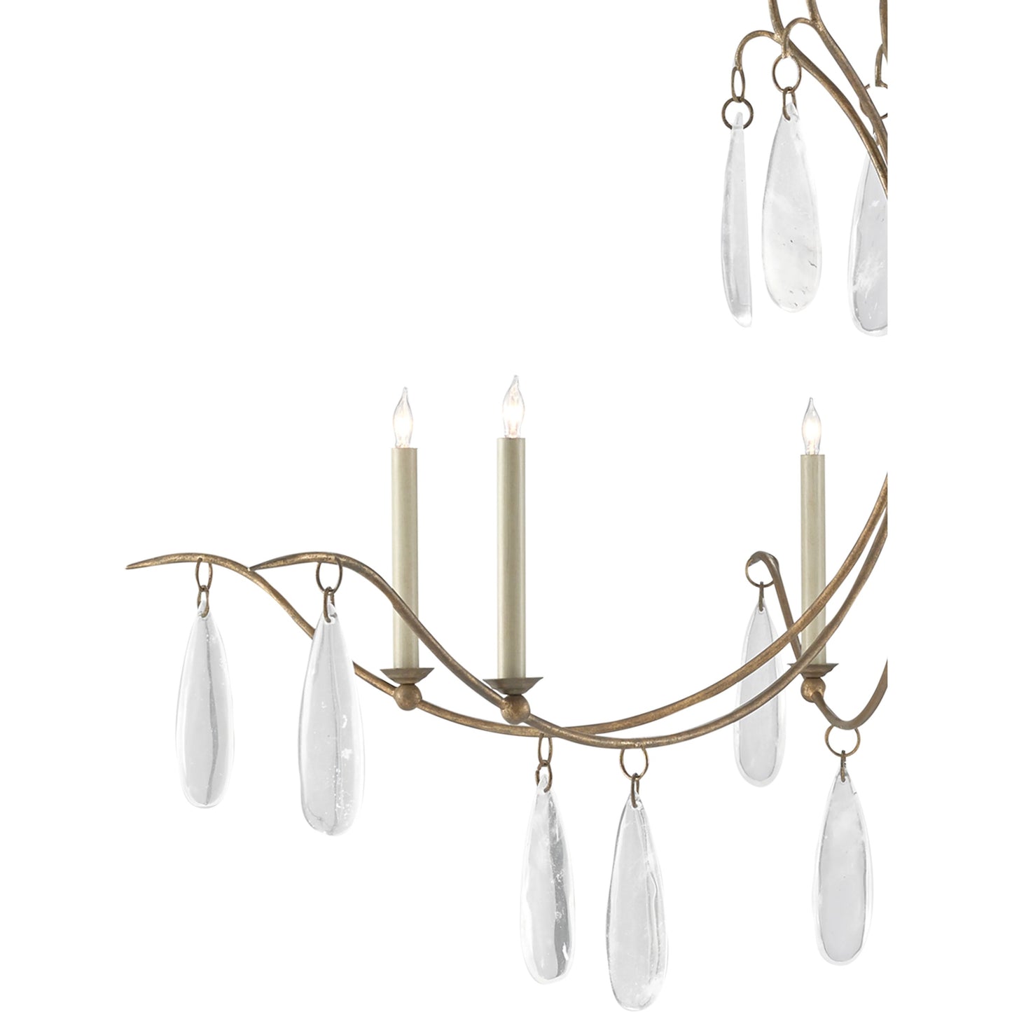 006 SR-767916 | Closeup | Marshallia Chandelier by Currey and Company in rustic gold, faux rock crystal. Made from wrought iron, glass in a transitional style.