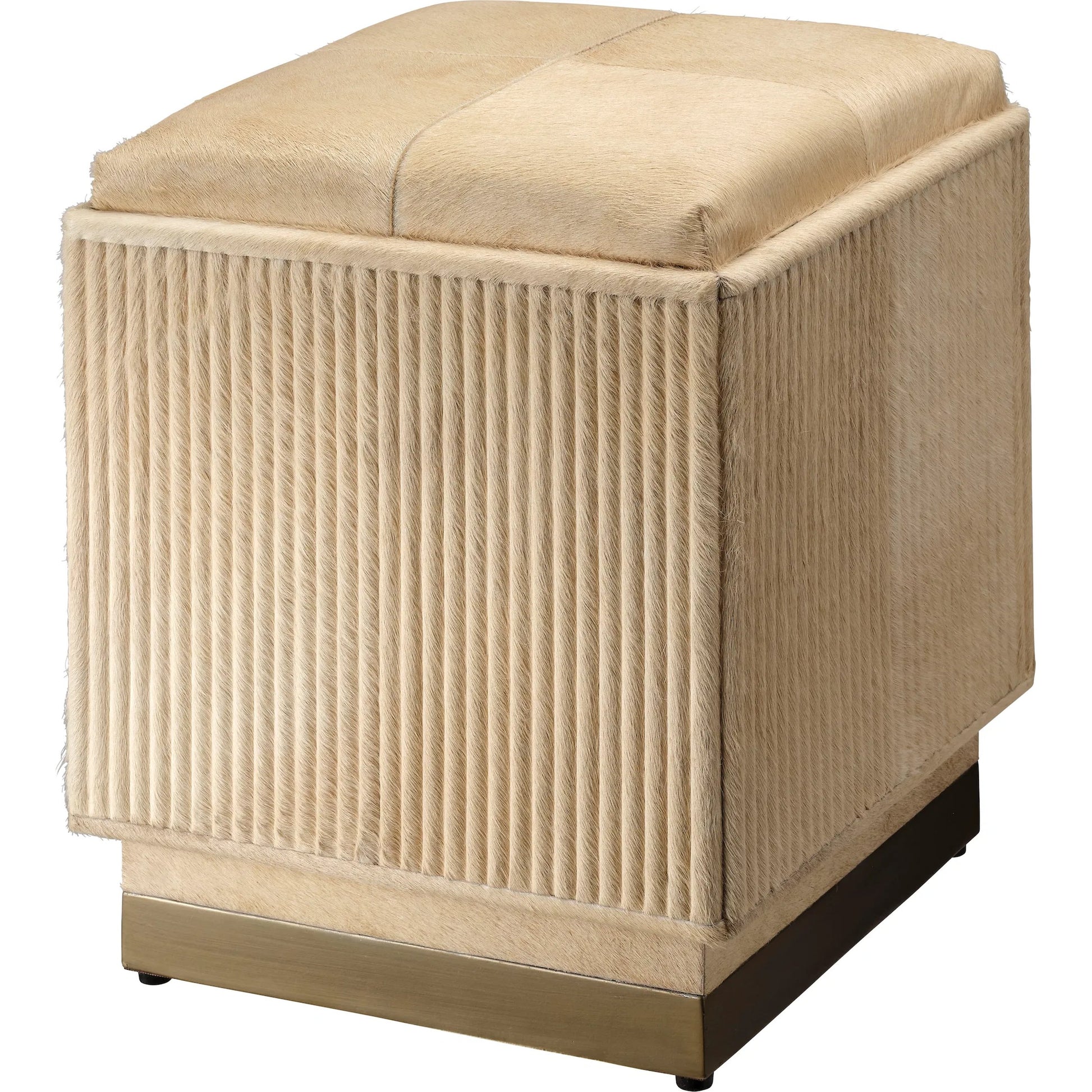 Easton Ottoman by Jamie Young. Made from hair on hide, mdf, metal: iron in a modern style.