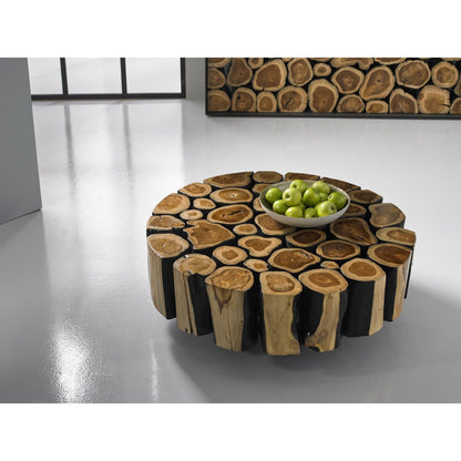 Boscage Coffee Table on Black Metal Legs by Phillips Collection in brown, black and natural, charred. Made from wood in a rustic style.