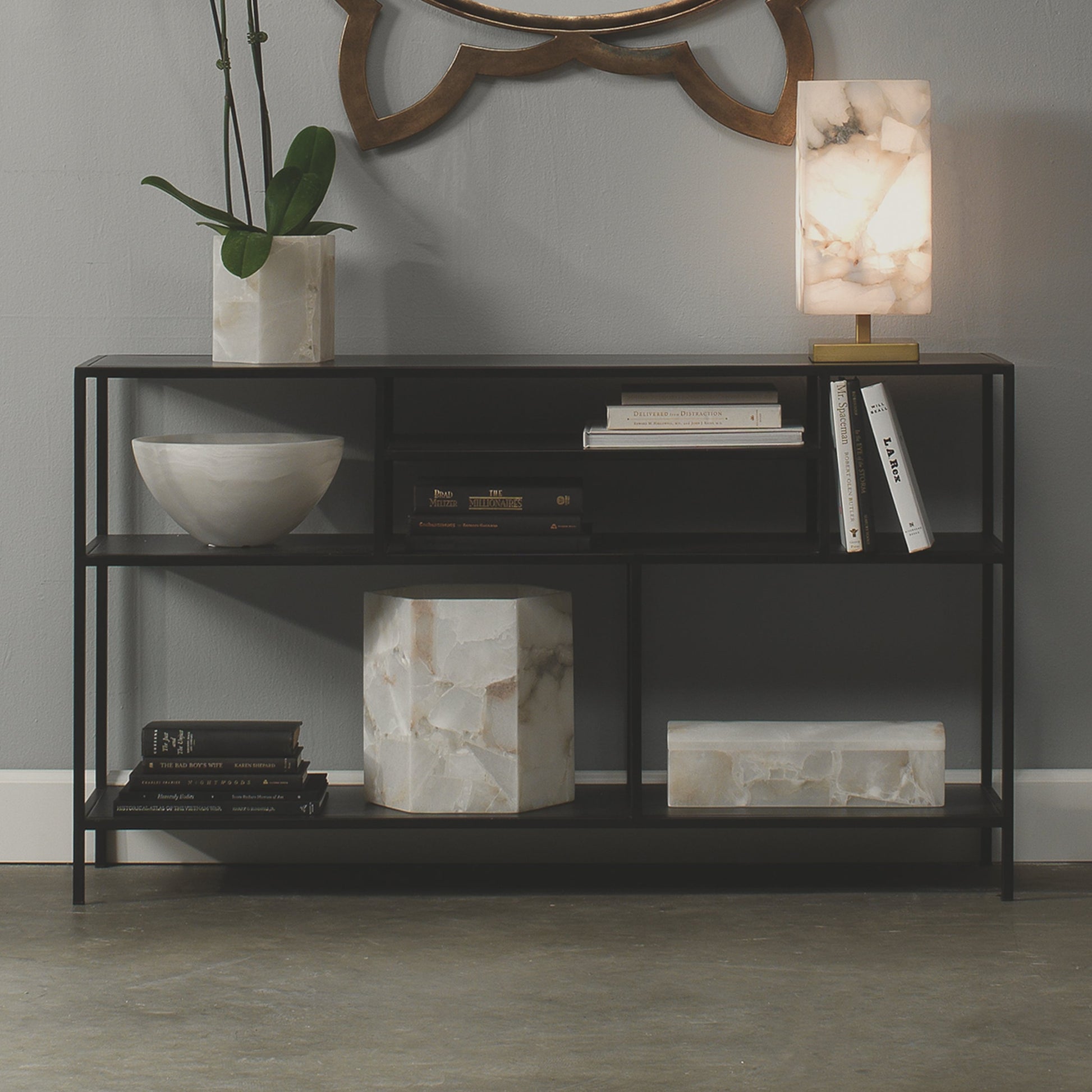 Element Shelved Console Table by Jamie Young in black iron. Made from iron in a modern style.