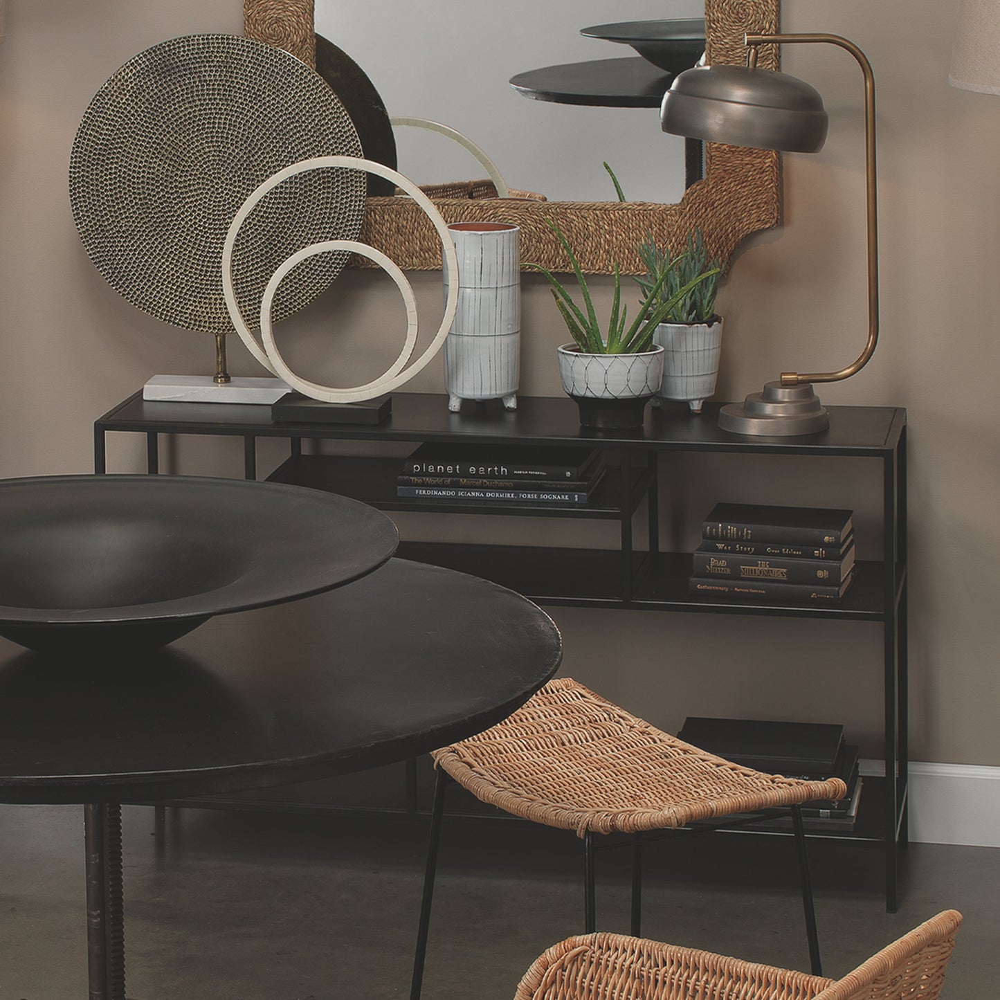 005 SR-707904 | Lifestyle | Element Shelved Console Table by Jamie Young in black iron. Made from iron in a modern style.