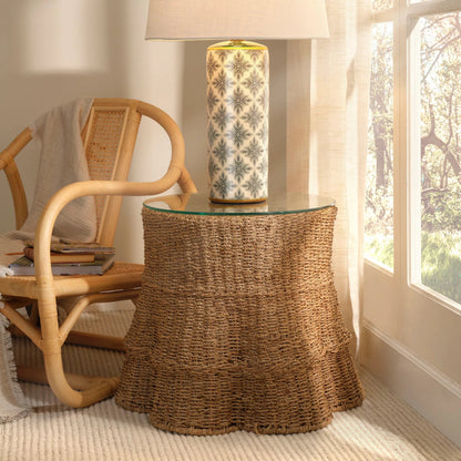 Falda Side Table by Jamie Young in verdigris. Made from seagrass in a unique style.