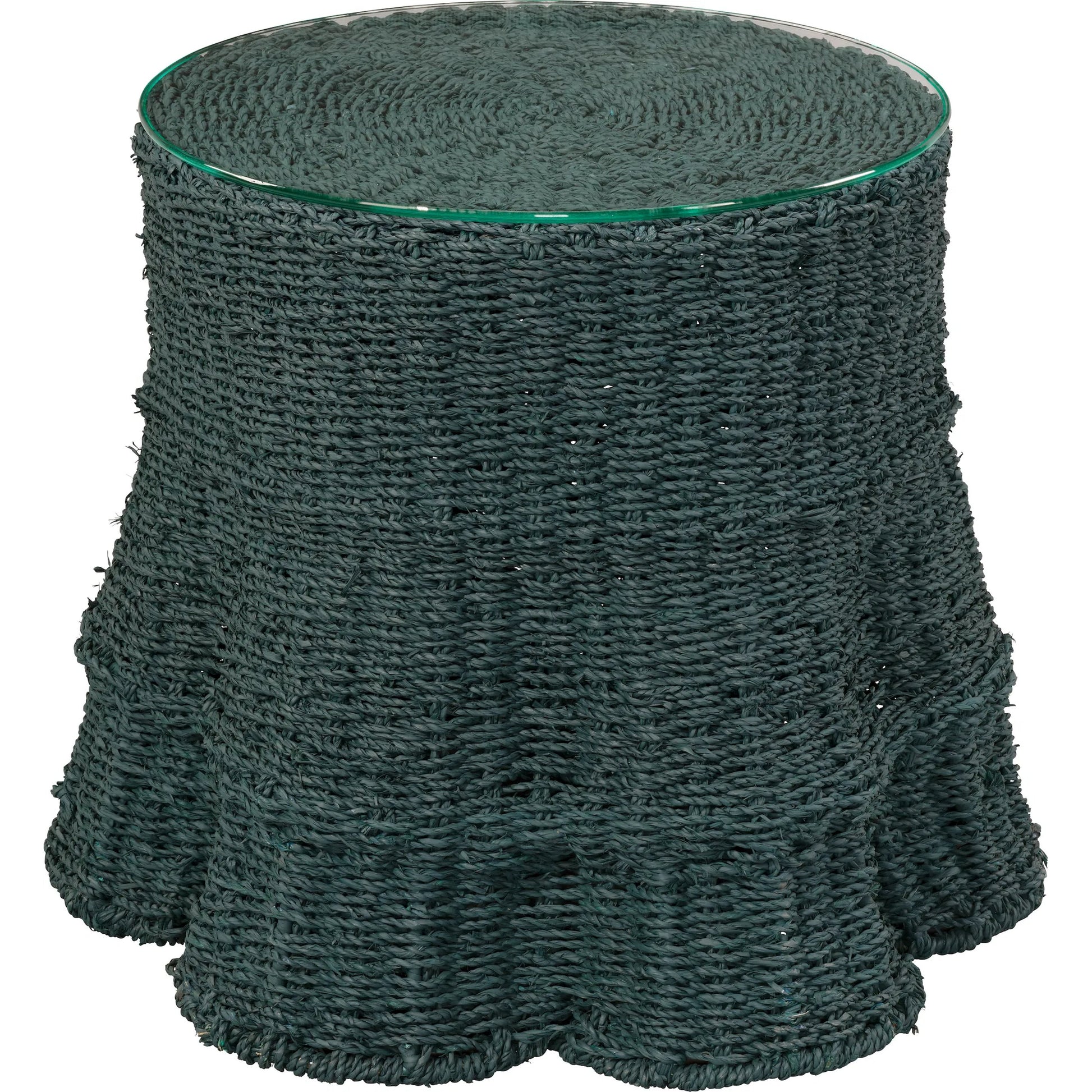 Falda Side Table by Jamie Young in verdigris. Made from seagrass in a unique style.