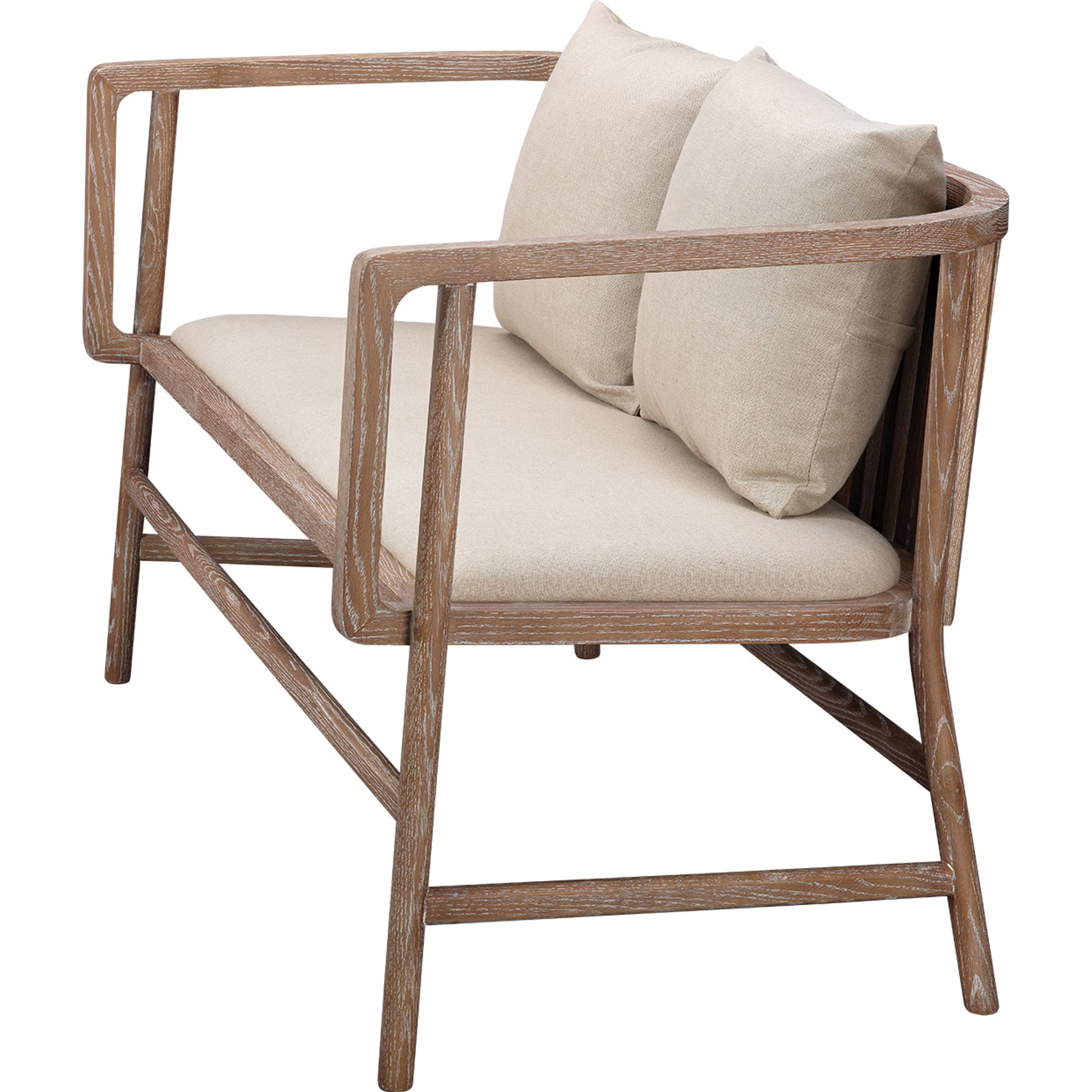 Grayson Settee by Jamie Young in off white linen, gray washed wood. Made from ash wood, linen, polypropylene in a coastal style.