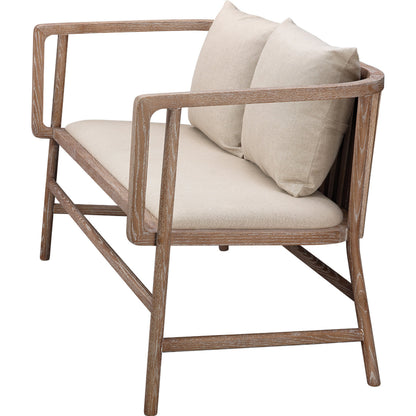 Grayson Settee by Jamie Young in off white linen, gray washed wood. Made from ash wood, linen, polypropylene in a coastal style.