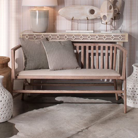 Grayson Settee by Jamie Young in off white linen, gray washed wood. Made from ash wood, linen, polypropylene in a coastal style.
