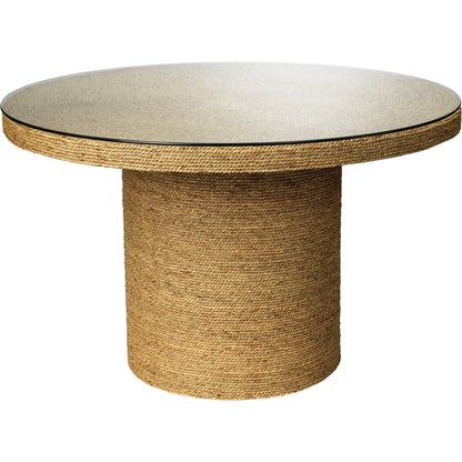 Harbor Round Bistro Table by Jamie Young. Made from seagrass with tempered glass in a coastal style.