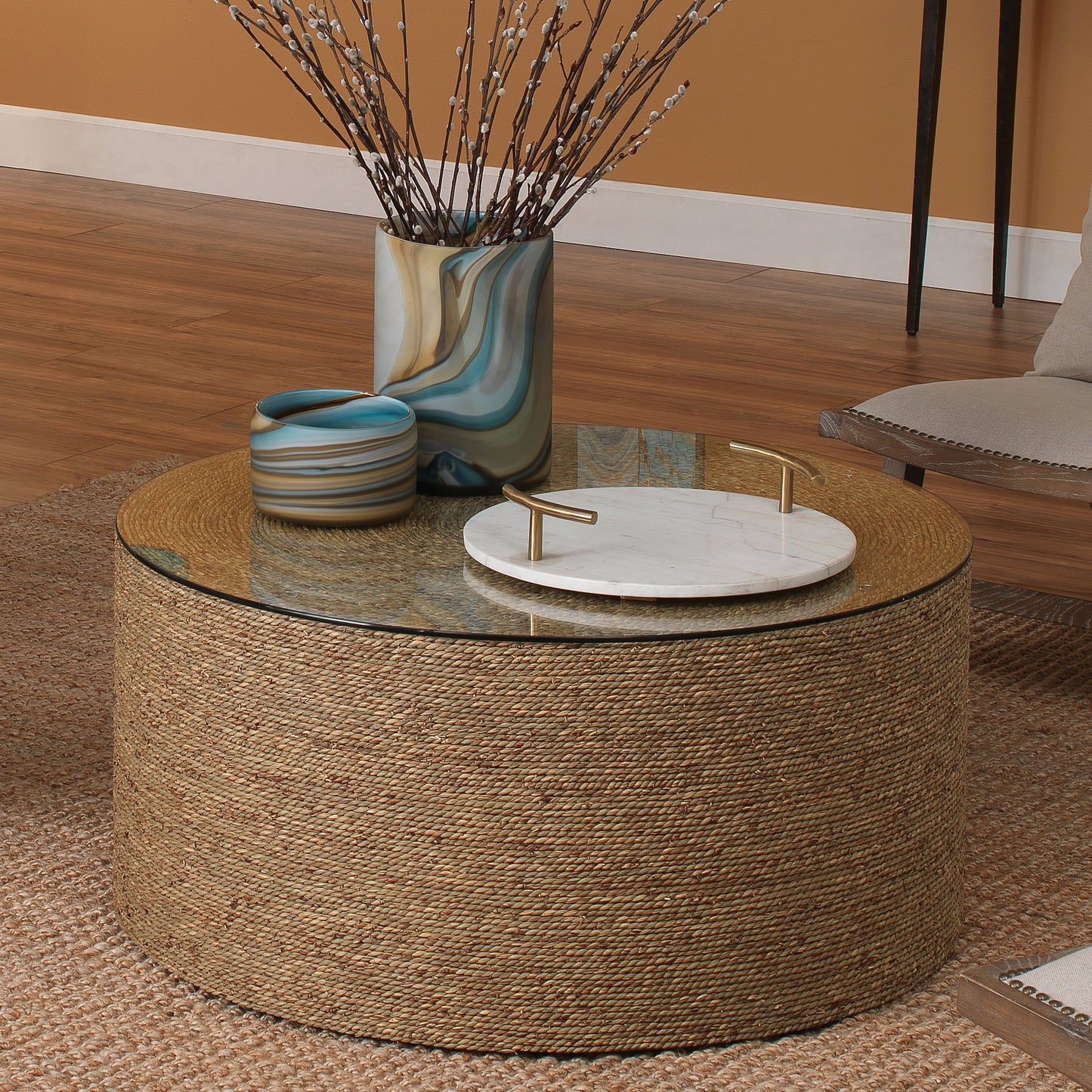 004 S-291986 | Lifestyle | Harbor Coffee Table by Jamie Young in natural. Made from seagrass, tempered glass in a modern style.