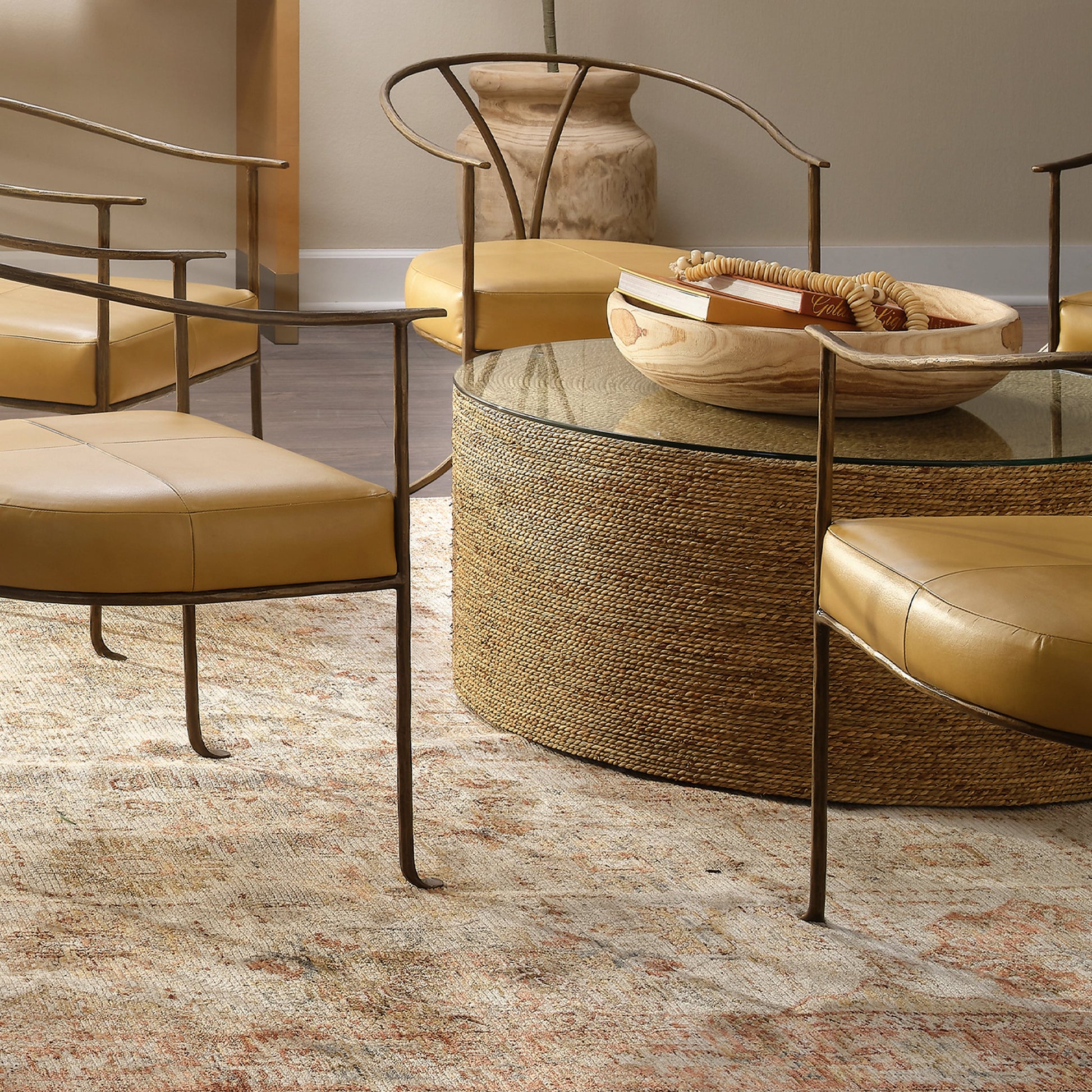 Harbor Coffee Table by Jamie Young in natural. Made from seagrass, tempered glass in a modern style.