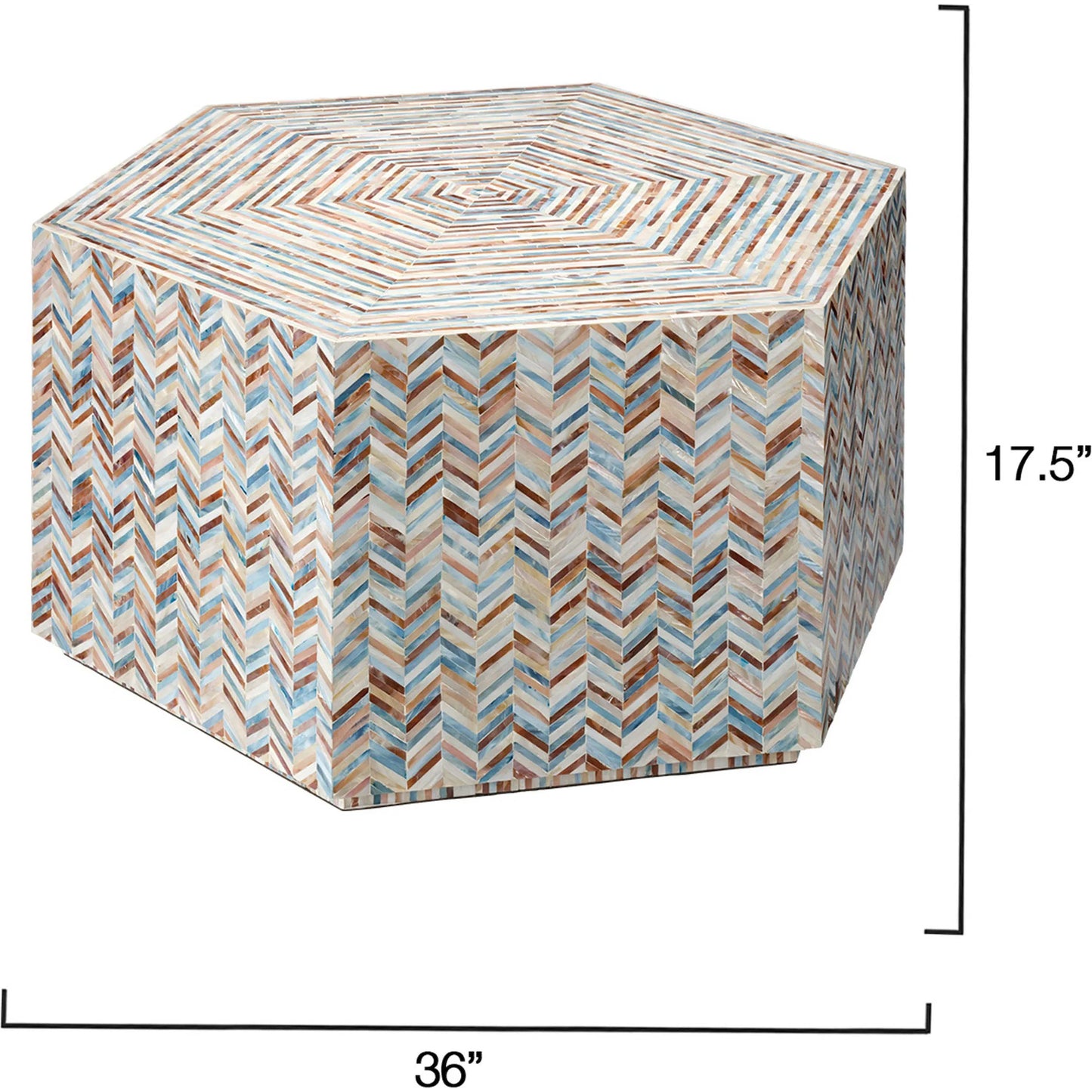 002 SI-2249060 | Additional Silo | Hepburn Hexagon Coffee Table by Jamie Young in grey and mixed blue, white, red mother of pearl. Made from mother of pearl, acrylic, mdf in a eclectic & global style.