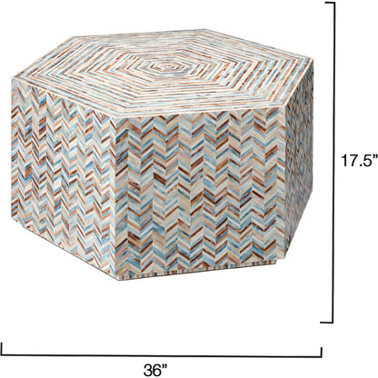 Hepburn Hexagon Coffee Table by Jamie Young in grey and mixed blue, white, red mother of pearl. Made from mother of pearl, acrylic, mdf in a eclectic & global style.