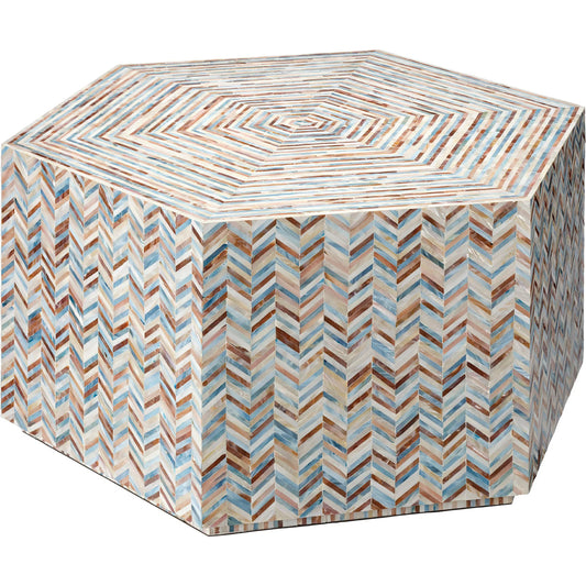 Hepburn Hexagon Coffee Table by Jamie Young in grey and mixed blue, white, red mother of pearl. Made from mother of pearl, acrylic, mdf in a unique style.