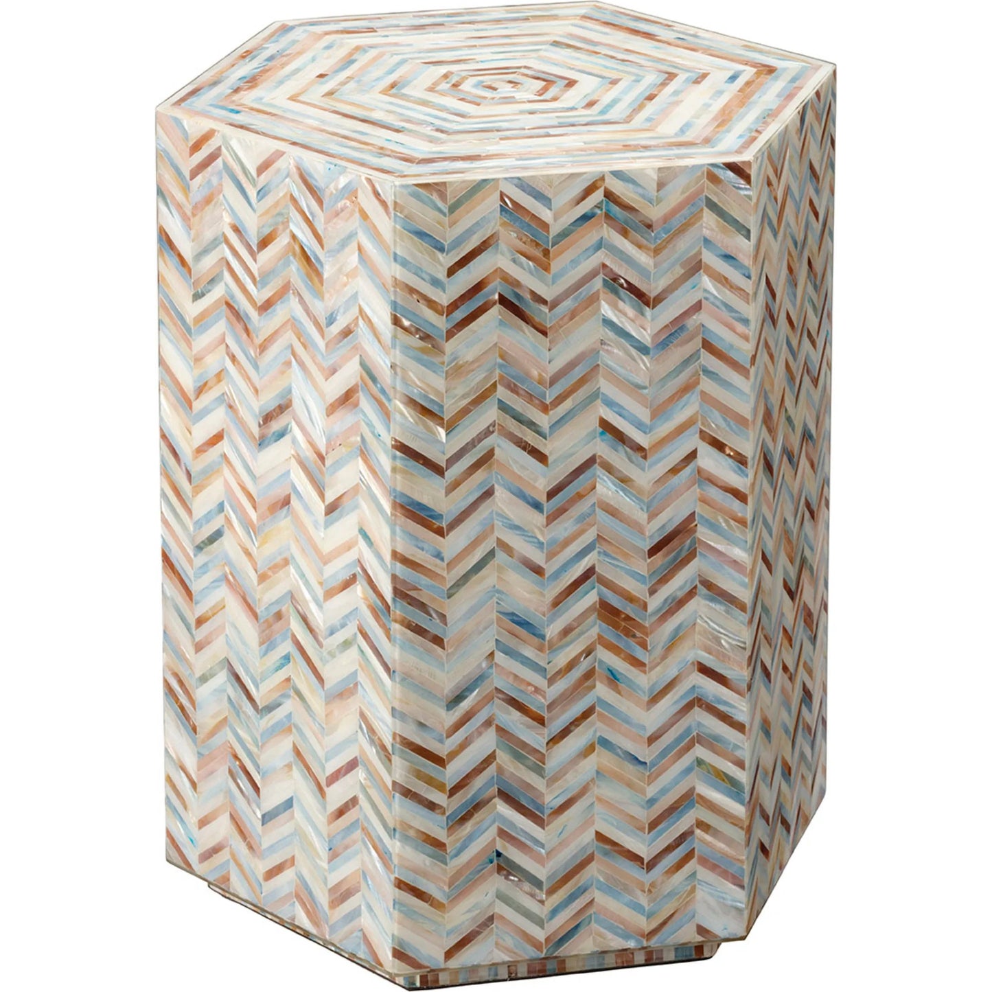 001 SI-2249061 | Primary Silo | Hepburn Hexagon Side Table by Jamie Young in grey and mixed blue, white, red mother of pearl. Made from mother of pearl, acrylic, mdf in a eclectic & global style.