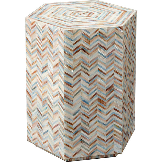 Hepburn Hexagon Side Table by Jamie Young in grey and mixed blue, white, red mother of pearl. Made from mother of pearl, acrylic, mdf in a unique style.