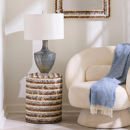 Interwoven Side Table by Jamie Young in blue, white, natural. Made from buffalo bone in a unique style.