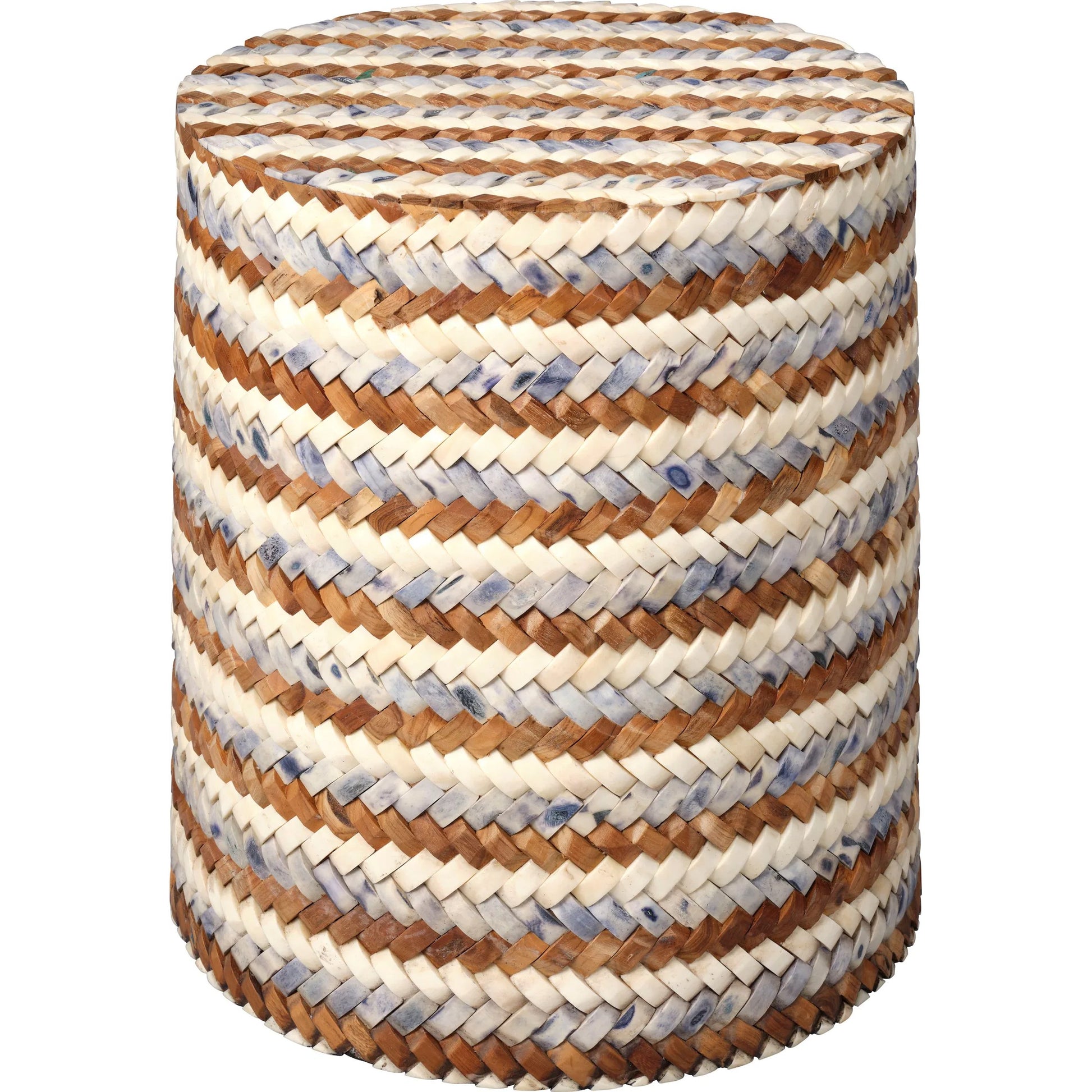 Interwoven Side Table by Jamie Young in blue, white, natural. Made from buffalo bone in a unique style.