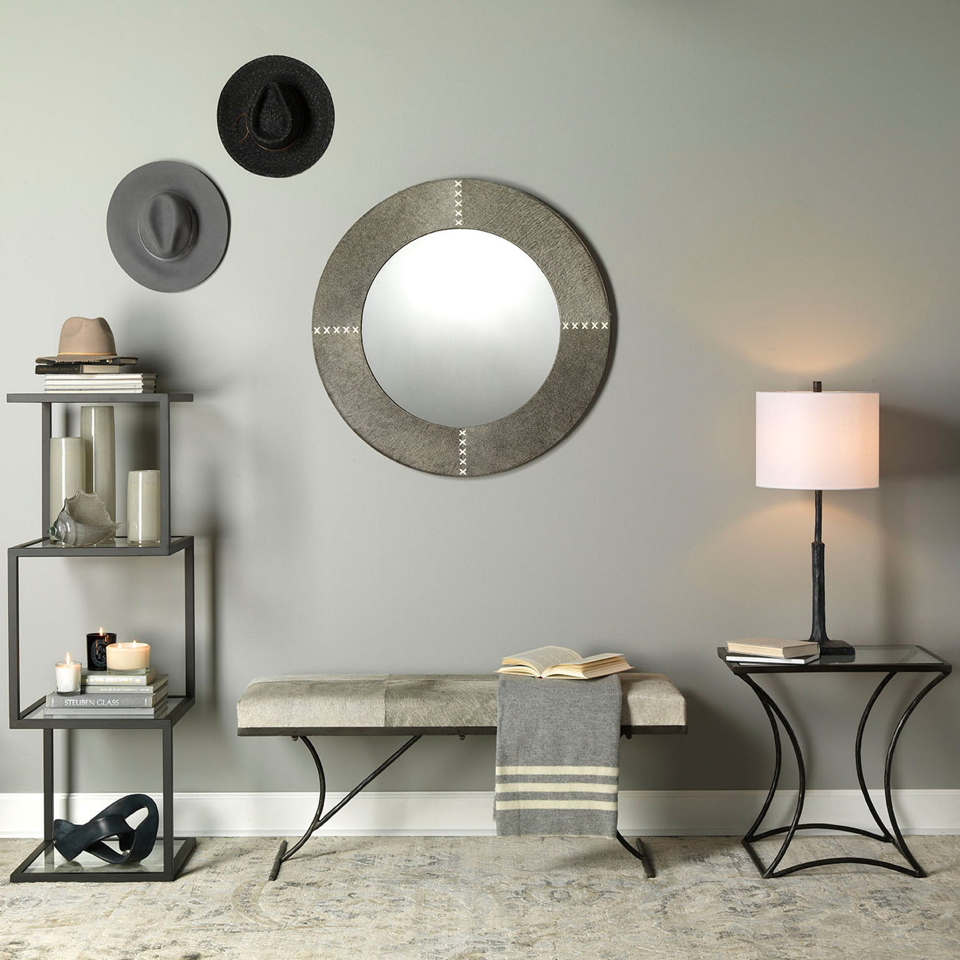 Kai Bench by Jamie Young in grey hide, black iron. Made from leather & iron in a modern style.