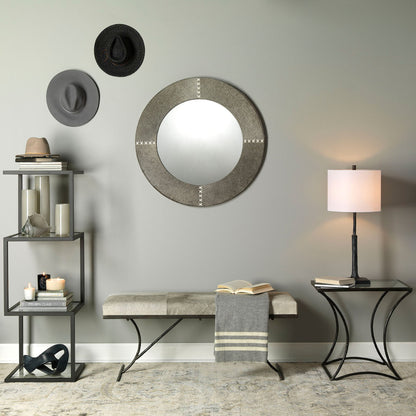 Kai Bench by Jamie Young in grey hide, black iron. Made from leather & iron in a modern style.