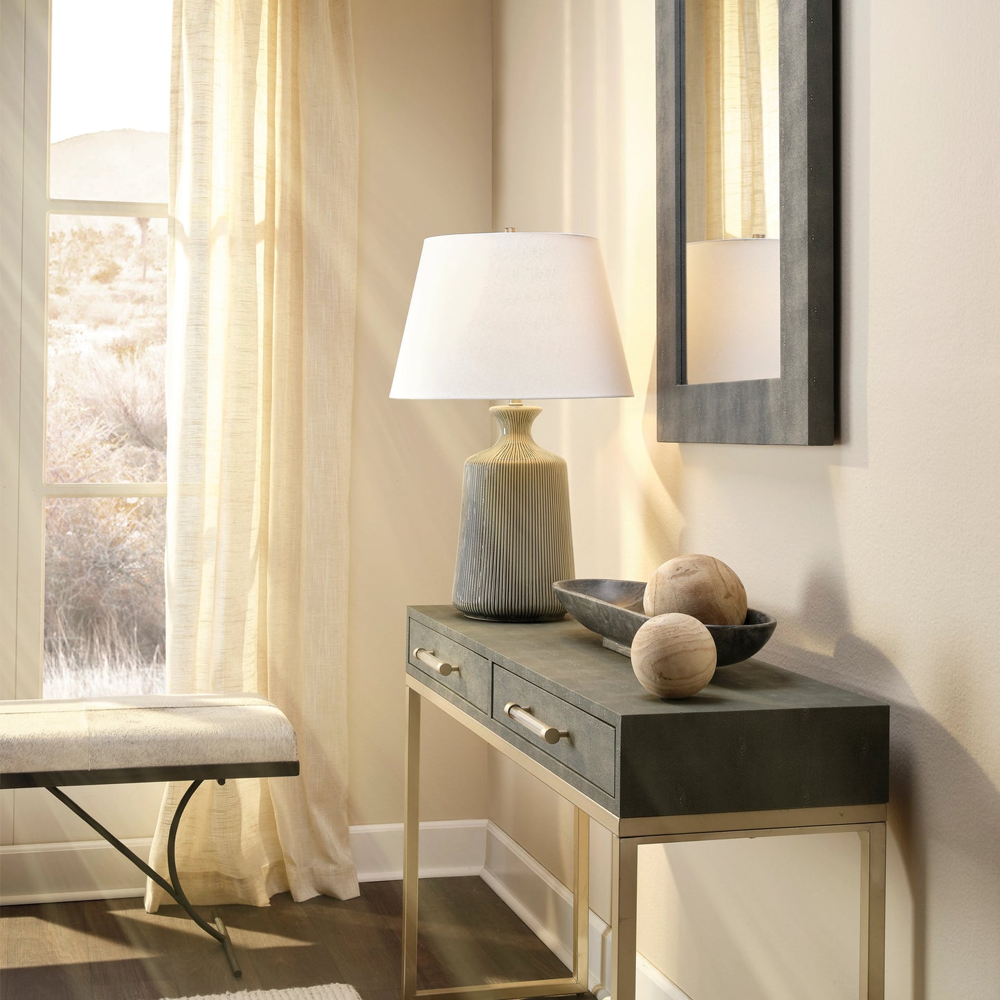 007 SI-1822200 | Lifestyle | Kai Bench by Jamie Young in grey hide, black iron. Made from leather & iron in a modern style.