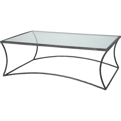 Kai Coffee Table by Jamie Young in black. Made from forged iron, clear tempered glass top in a modern style.