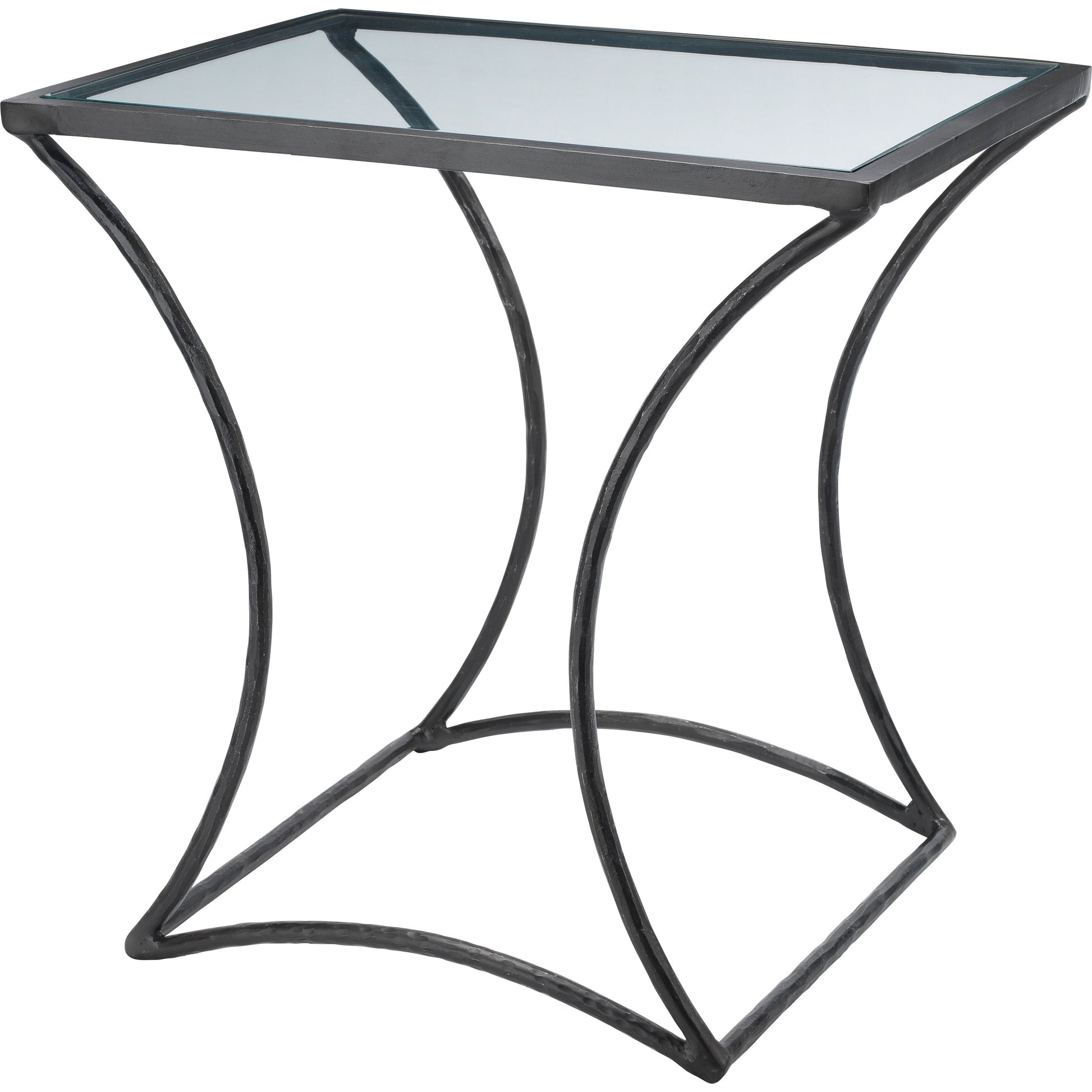 Kai Side Table by Jamie Young in black. Made from forged iron, clear tempered glass top in a modern style.