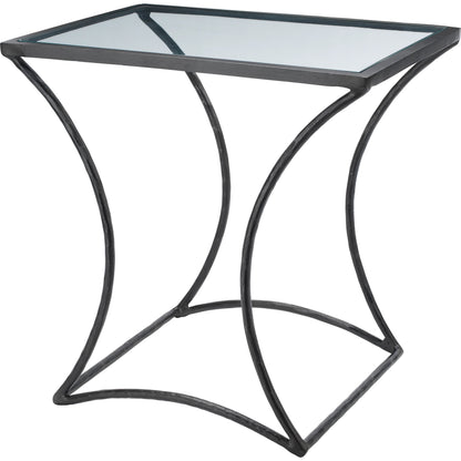Kai Side Table by Jamie Young in black. Made from forged iron, clear tempered glass top in a modern style.