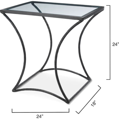 Kai Side Table by Jamie Young in black. Made from forged iron, clear tempered glass top in a modern style.