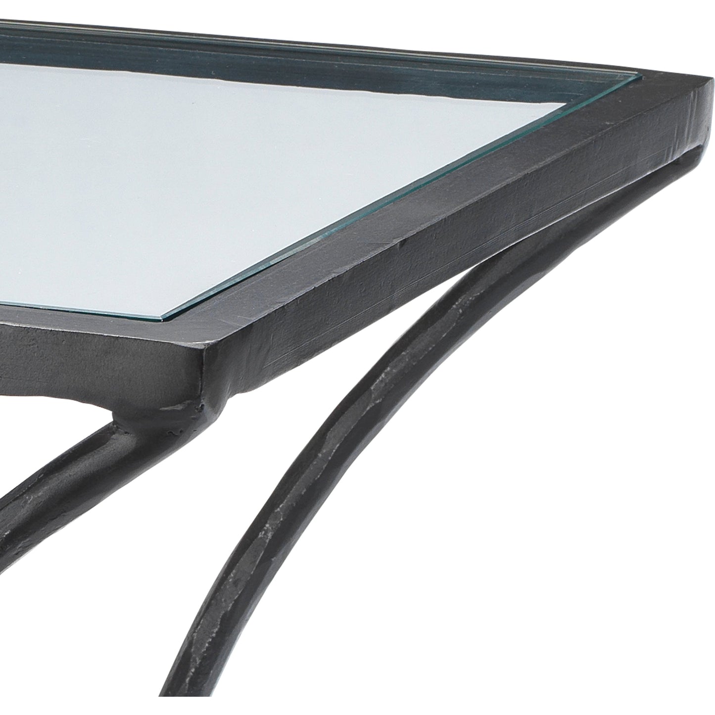 003 SI-1822203 | Closeup | Kai Side Table by Jamie Young in black. Made from forged iron, clear tempered glass top in a modern style.