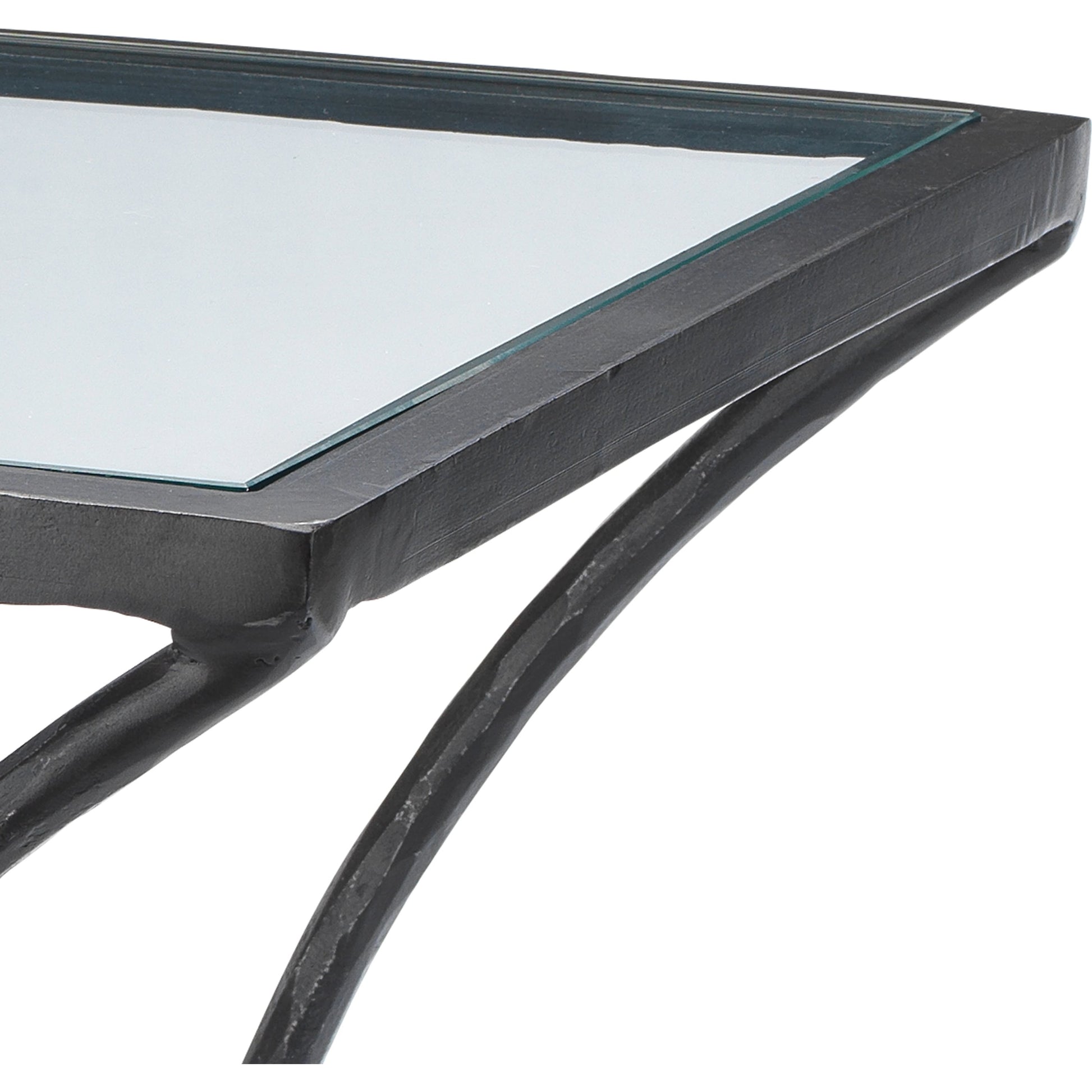 Kai Side Table by Jamie Young in black. Made from forged iron, clear tempered glass top in a modern style.