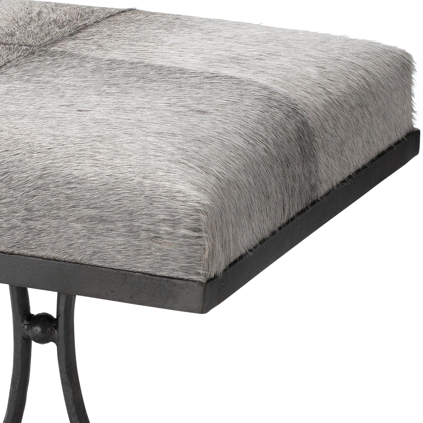 004 SI-1822204 | Closeup | Kai Stool by Jamie Young in grey hide & black hand forged iron. Made from grey hide, black hand forged iron in a transitional style.