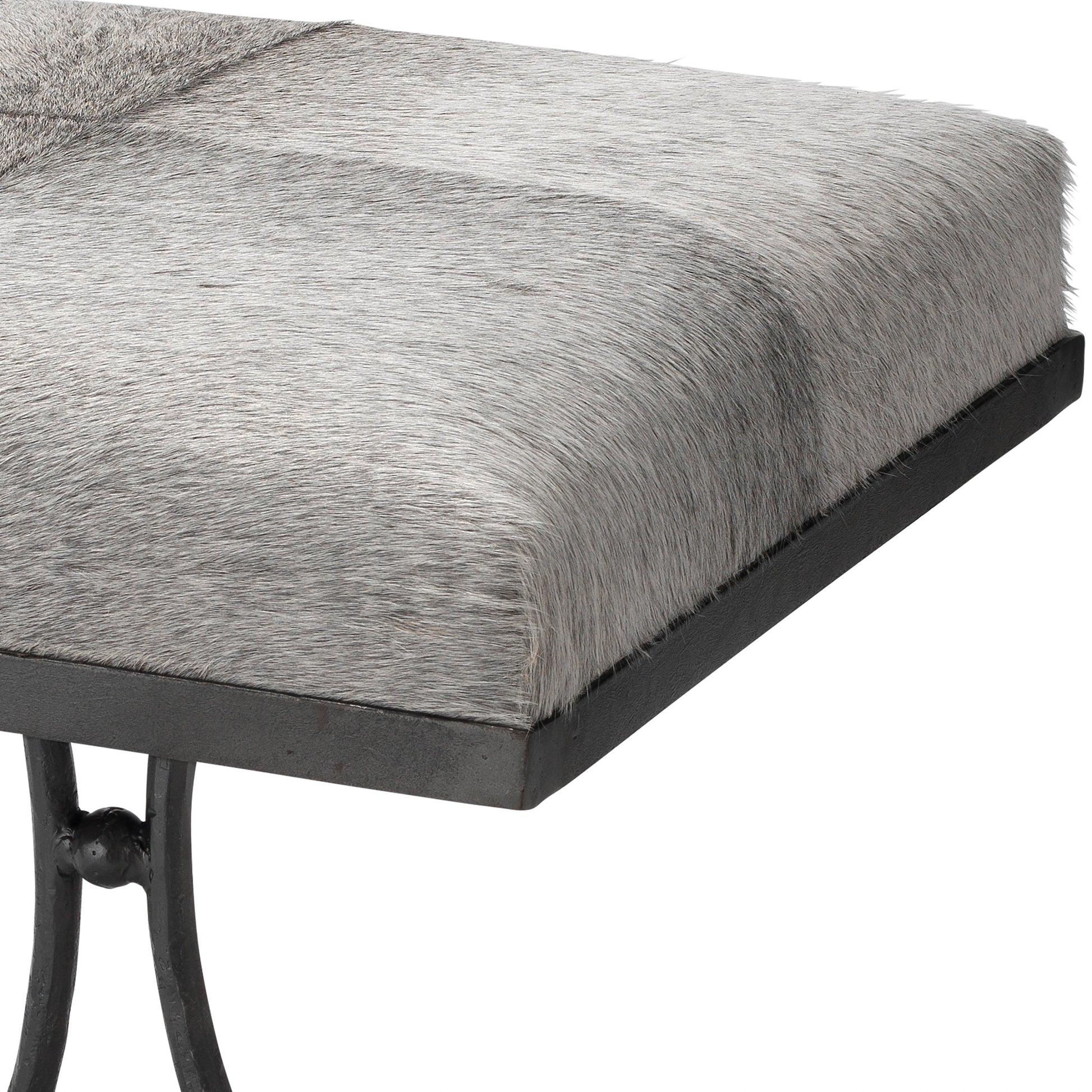 Kai Stool by Jamie Young in grey hide & black hand forged iron. Made from grey hide, black hand forged iron in a transitional style.