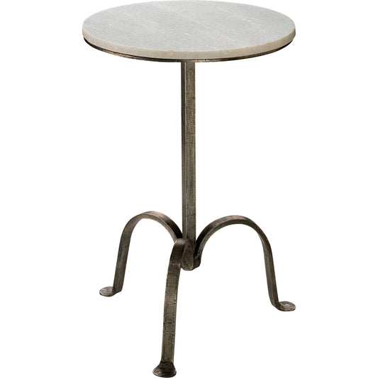 Left Bank Marble Table by Jamie Young in white marble with gun metal iron base. Made from metal in a modern style.