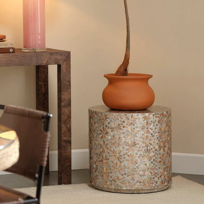 Marigold Side Table by Jamie Young in pink and pink mother of pearl. Made from mother of pearl in a unique style.