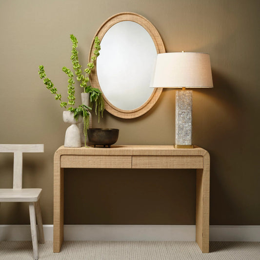 Montecito Console Table by Jamie Young in natural. Made from raffia, mdf in a unique style.
