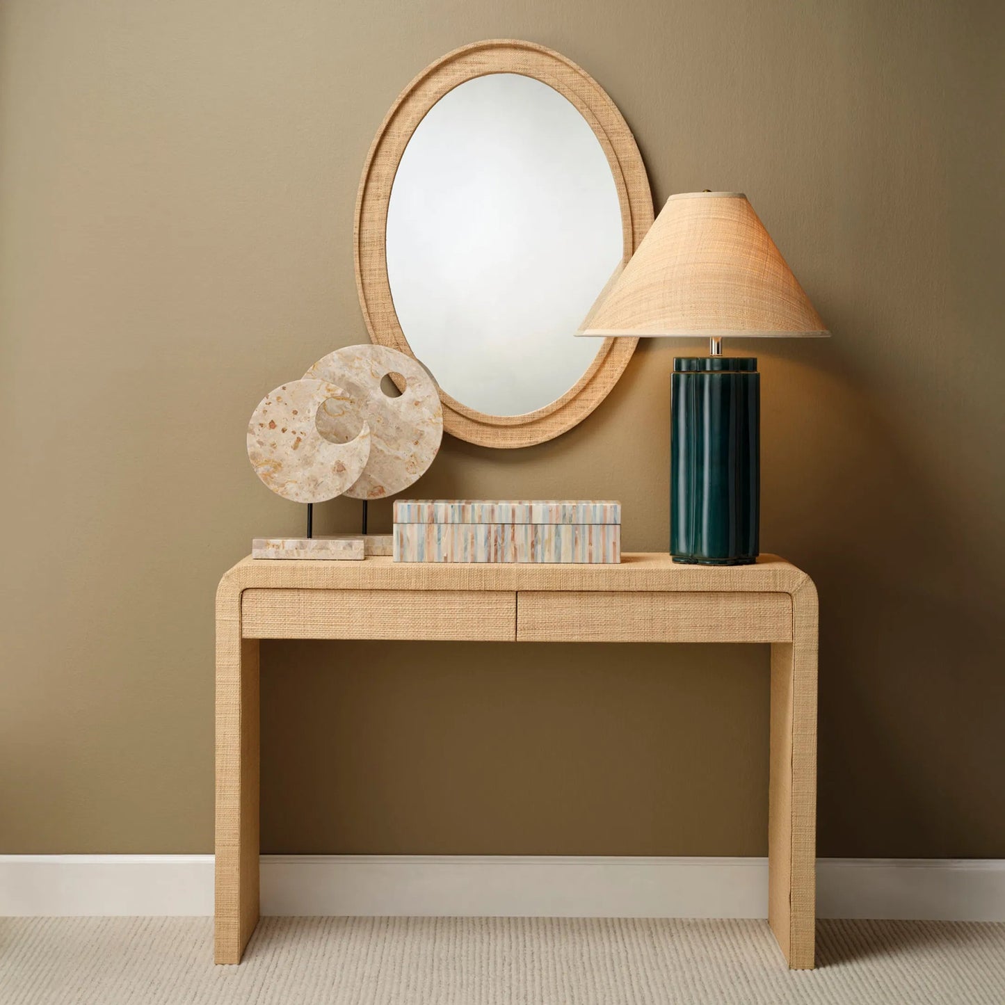005 SI-2249075 | Lifestyle | Montecito Console Table by Jamie Young in natural. Made from raffia, mdf in a transitional style.