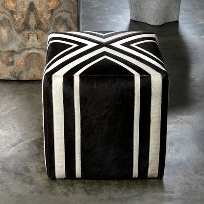 Nantucket Criss Cross Ottoman by Jamie Young in espresso. Made from hair on hide in a modern style.