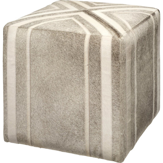 Nantucket Ottoman by Jamie Young in grey and grey hide, white hide stripes. Made from leather in a unique style.