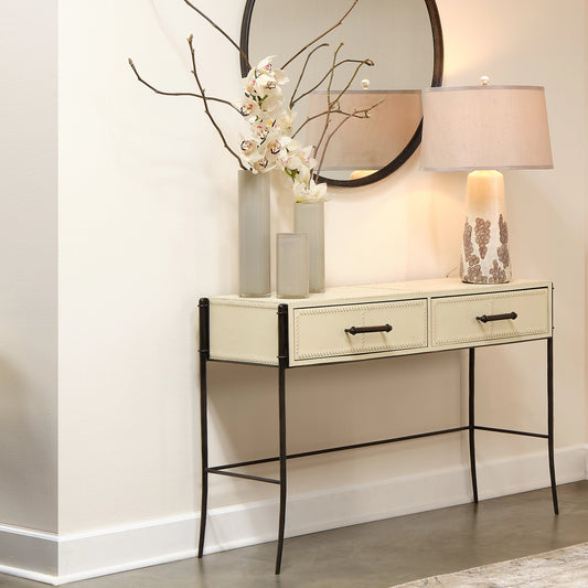 Nevado Console Table by Jamie Young in off white, black. Made from leather & steel in a modern style.