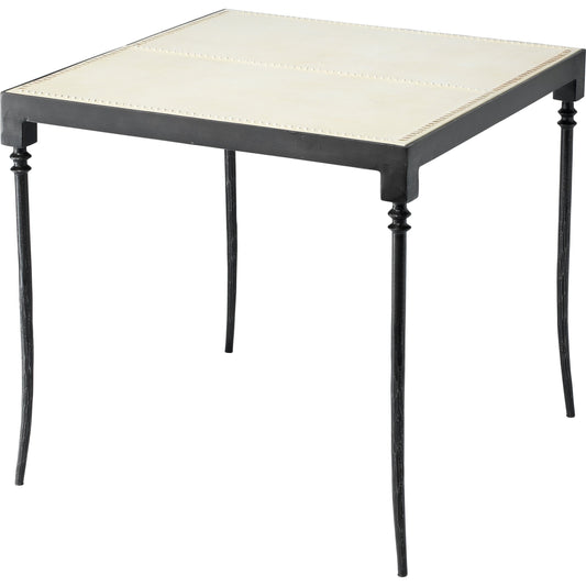 Nevado Side Table by Jamie Young in off white. Made from leather, black forged iron in a transitional style.