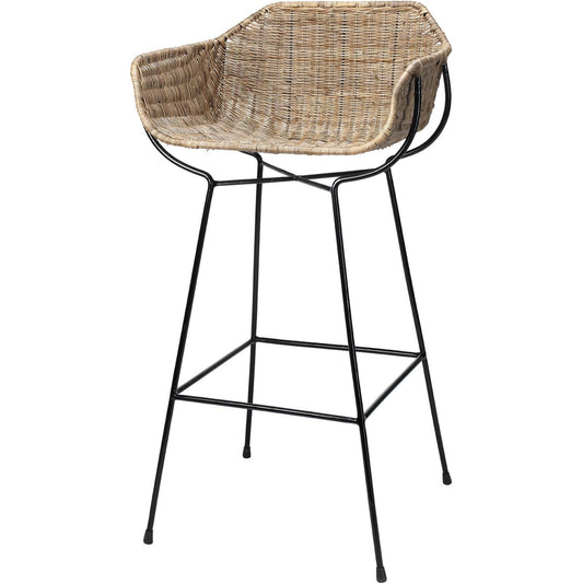 Nusa Bar Stool by Jamie Young in natural rattan, black steel. Made from steel, rattan slimit in a coastal style.