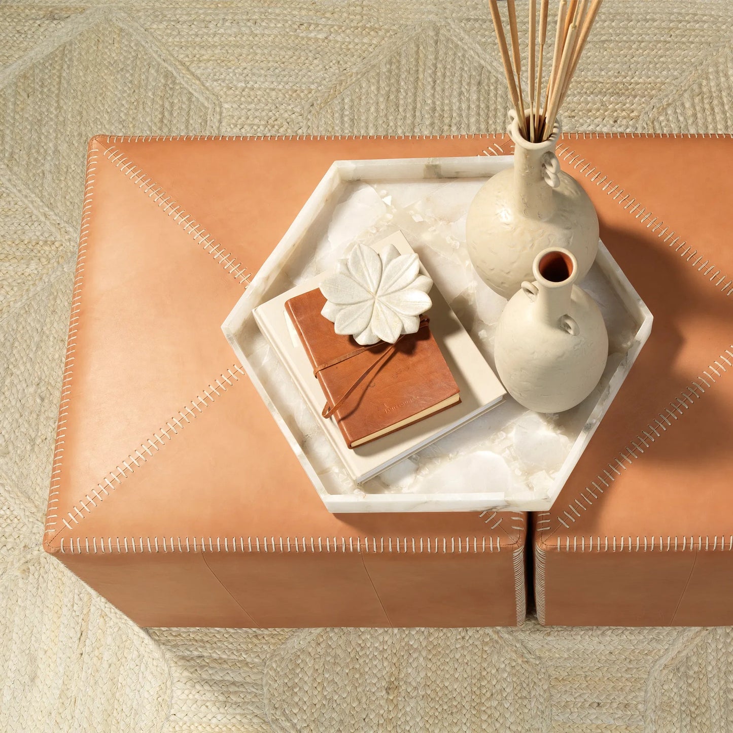 038 S-292134 | Lifestyle | Large Ottoman by Jamie Young. Made from leather in a modern style.