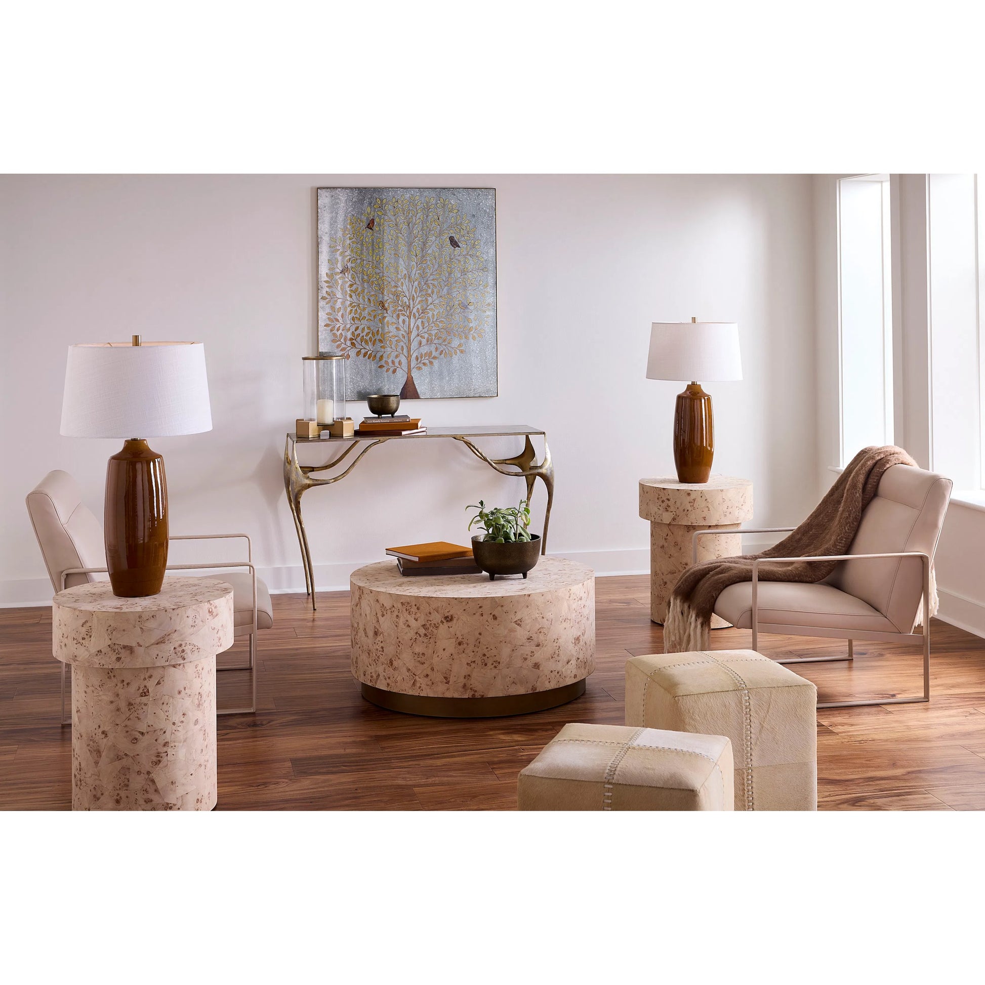 Small Ottoman by Jamie Young. Made from leather in a modern style.