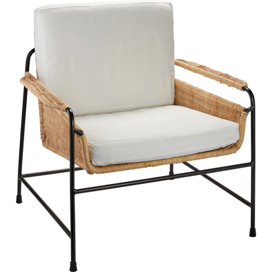 Palermo Lounge Chair by Jamie Young in natural with off white cushion. Made from steel, rattan slimit, fabric in a coastal style.