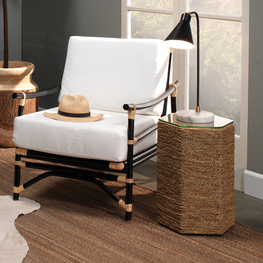 Peninsula Side Table by Jamie Young in natural sea grass. Made from sea grass in a modern style.