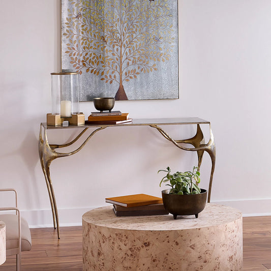 Persephone Console Table by Jamie Young in antique brass and antique brass, silver patina. Made from iron in a unique style.
