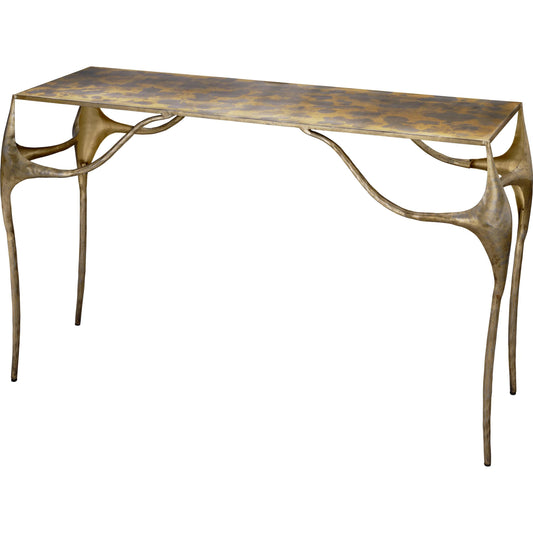 Persephone Console Table by Jamie Young in antique brass and antique brass, silver patina. Made from iron in a unique style.